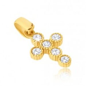 Šperky eshop - Prívesok v žltom 14K zlate - krížik s okrúhlymi zirkónmi v objímkach GG03.10