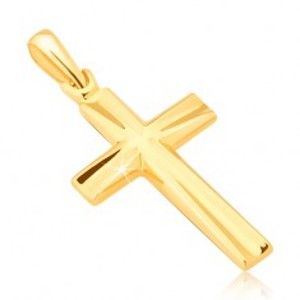Šperky eshop - Prívesok v žltom 14K zlate - lesklý latinský kríž, vyhĺbené trojuholníky  GG13.48
