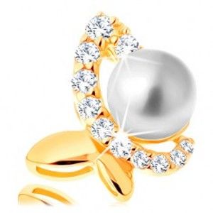 Šperky eshop - Prívesok v žltom 14K zlate - nesúmerný motýľ so zirkónovou polovicou a perlou GG123.11
