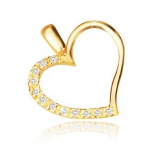 Šperky eshop - Prívesok v žltom 14K zlate - obrys nesúmerného srdca, ligotavá zirkónová polovica GG07.26