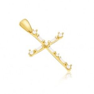 Šperky eshop - Prívesok v žltom 14K zlate - tenký lesklý latinský kríž, kamienky GG13.10