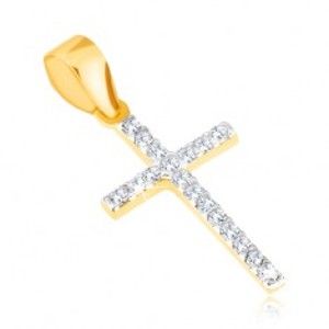 Šperky eshop - Prívesok v žltom 14K zlate - tenký trblietavý latinský kríž, číre zirkóny GG22.19
