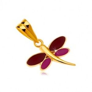 Šperky eshop - Prívesok v žltom 14K zlate - vážka s bordovou a fialovou glazúrou na krídlach GG18.23