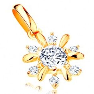 Šperky eshop - Prívesok v žltom 14K zlate - žiarivý kvietok, hladké a zirkónové lupene GG120.03