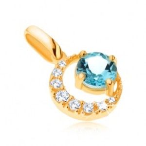 Šperky eshop - Prívesok v žltom 14K zlate, zirkónový kosák mesiaca, okrúhly modrý topás GG91.09