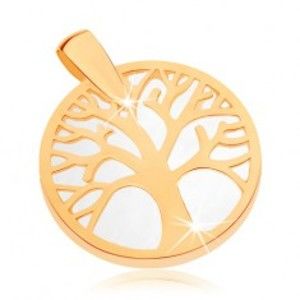 Šperky eshop - Prívesok v žltom 9K zlate - strom života v obryse kruhu, perleťový podklad GG70.05