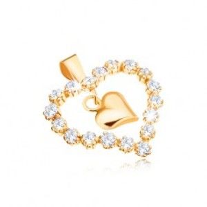 Šperky eshop - Prívesok v žltom 9K zlate, zirkónová kontúra srdca, lesklé srdiečko v strede GG52.11