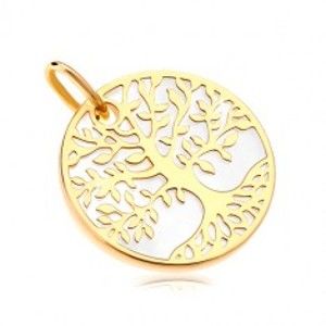 Šperky eshop - Prívesok v žltom zlate 585 - biely perleťový kruh so stromom života GG18.39
