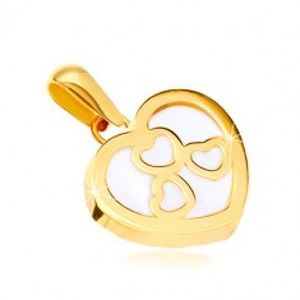 Šperky eshop - Prívesok v žltom zlate 585 - lesklý obrys srdca s perleťou, tri srdiečka GG37.19