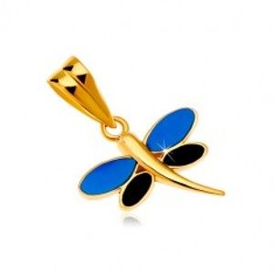 Šperky eshop - Prívesok v žltom zlate 585 - vážka s glazúrou modrej a čiernej farby na krídlach GG18.22