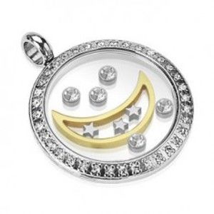 Šperky eshop - Prívesok z chirurgickej ocele - kruh s mesiacom, hviezdami a zirkónmi G8.9