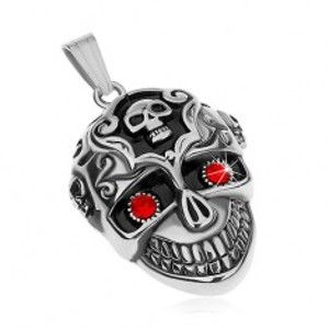 Šperky eshop - Prívesok z chirurgickej ocele - patinovaná lebka, červené zirkónové oči G23.08