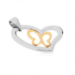 Šperky eshop - Prívesok z chirurgickej ocele, asymetrický obrys srdca, línia motýľa v zlatej farbe SP44.29