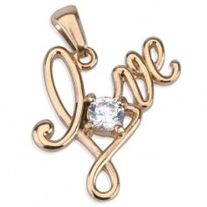 Šperky eshop - Prívesok z chirurgickej ocele, nápis "Love" medenej farby, okrúhly číry zirkón SP63.24