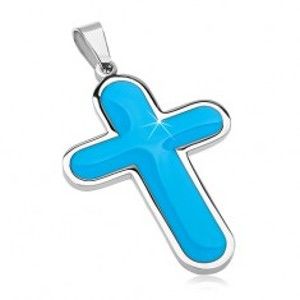 Šperky eshop - Prívesok z chirurgickej ocele, veľký kríž s modrým glazúrovaným vnútrom AA09.06