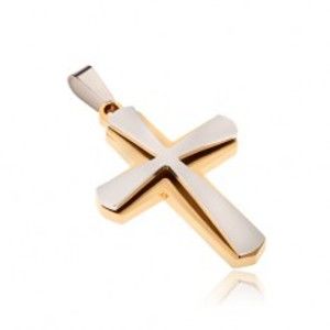 Šperky eshop - Prívesok z chirurgickej ocele, zlatej farby a menší kríž striebornej farby S34.23