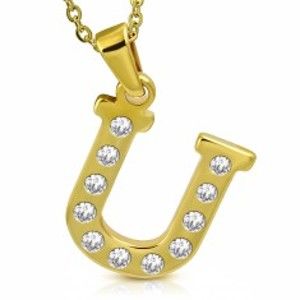 Šperky eshop - Prívesok z chirurgickej ocele zlatej farby, tlačené písmeno U zdobené zirkónmi AA31.12