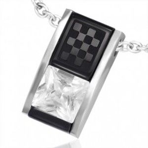 Šperky eshop - Prívesok z ocele - dvojfarebná skosená tehlička so zirkónom a šachovnicou X32.8