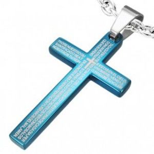 Šperky eshop - Prívesok z ocele - krížik s modlitbou Pána, modrý Z23.2