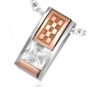 Šperky eshop - Prívesok z ocele - skosená tehlička so zirkónom a medenou šachovnicou X32.6
