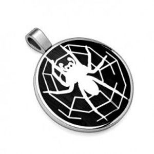 Šperky eshop - Prívesok z ocele 316L, čierny kruh s motívom pavúka s pavučinou G1.7