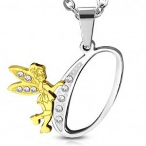 Šperky eshop - Prívesok z ocele 316L, písmeno O s vílou, dvojfarebné prevedenie, číre zirkóny AA39.15