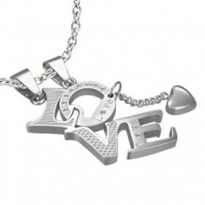 Šperky eshop - Prívesok z ocele pre zamilovaných LOVE - srdiečko, zirkóny, nápis R2.9
