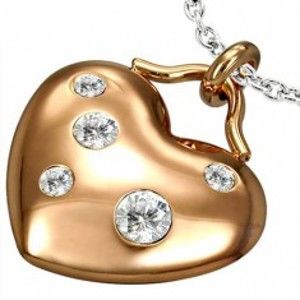 Šperky eshop - Prívesok z ocele tvar srdce so zirkónmi, bronzová farba R18.5