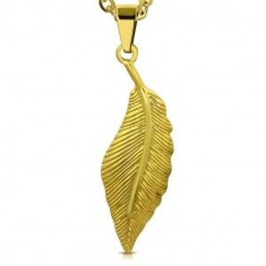 Šperky eshop - Prívesok zlatej farby z chirurgickej ocele - vtáčie pierko zdobené gravírovaním S16.20