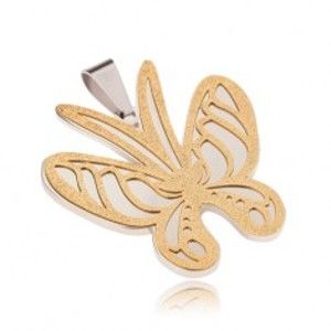 Šperky eshop - Prívesok zlato-striebornej farby z ocele, motýľ s pieskovaným povrchom S35.31