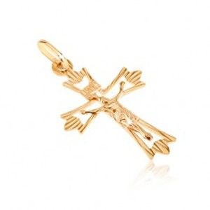 Šperky eshop - Prívesok zo 14K zlata - kríž s rozvetveným cípom s lúčmi a Kristom GG07.01