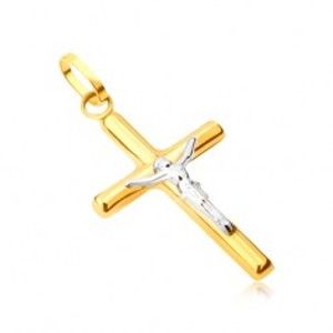 Šperky eshop - Prívesok zo 14K zlata - lesklý latinský kríž, ukrižovaný Kristus v bielom zlate GG05.30