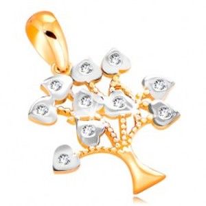 Šperky eshop - Prívesok zo 14K zlata - stromček šťastia, listy zdobené bielym zlatom a zirkónmi GG15.38