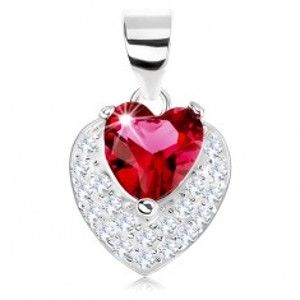 Šperky eshop - Prívesok zo striebra 925, trblietavé vypuklé srdiečko, červený srdcový zirkón SP75.04