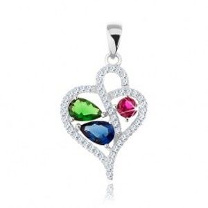 Šperky eshop - Prívesok zo striebra 925, zirkónová kontúra asymetrického srdca, farebné zirkóny S23.14