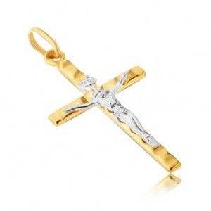 Šperky eshop - Prívesok zo zlata 585 - strieborný Ježiš na zlatom kríži s výbežkami GG01.13