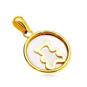 Šperky eshop - Prívesok zo žltého 14K zlata - kruh s bielou perleťou a medvedíkom GG18.08