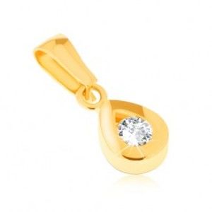 Šperky eshop - Prívesok zo žltého 14K zlata - ligotavá kontúra slzy, okrúhly číry kamienok GG22.13