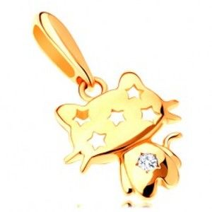 Šperky eshop - Prívesok zo žltého 14K zlata - ligotavá mačička, číry zirkón, hviezdy GG119.05