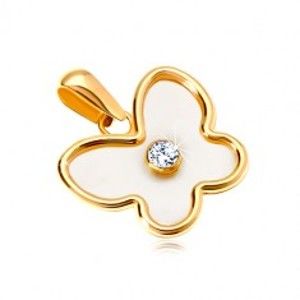 Šperky eshop - Prívesok zo žltého 14K zlata - motýľ s perleťou a čírym zirkónom v strede GG18.13