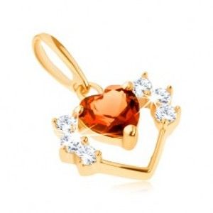 Šperky eshop - Prívesok zo žltého 14K zlata - obrys srdca so zirkónmi a brúsené oranžové srdiečko GG187.06