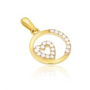 Šperky eshop - Prívesok zo žltého 14K zlata - okrúhly rámček, zirkónové srdce, kamienky GG13.02