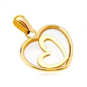 Šperky eshop - Prívesok zo žltého 14K zlata - srdce s perleťou a šikmým obrysom v strede GG18.34