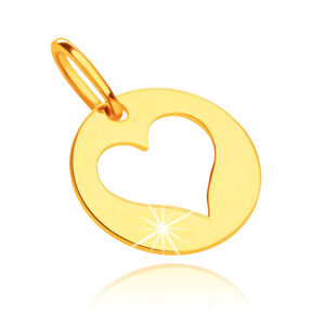 Prívesok zo žltého 14K zlata - lesklý kruh s výrezom srdca