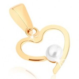 Šperky eshop - Prívesok zo žltého 9K zlata - tenký obrys srdca, guľatá perlička bielej farby GG47.01
