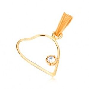 Šperky eshop - Prívesok zo žltého 9K zlata, tenký obrys symetrického srdca, číry zirkón GG52.02