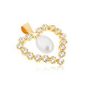 Šperky eshop - Prívesok zo žltého 9K zlata, zirkónová kontúra srdca, slzičková perla v strede GG52.09