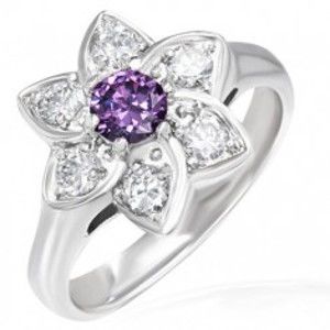 Šperky eshop - Prsteň kvet - číre zirkóny ako prelínajúce sa lupene, fialový zirkón v strede F5.20 - Veľkosť: 60 mm