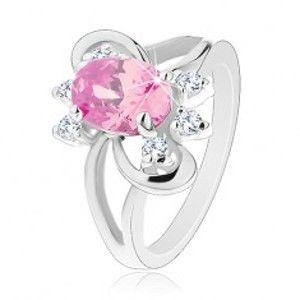 Šperky eshop - Prsteň s brúseným oválnym zirkónom v ružovej farbe, lesklé oblúčiky V01.07 - Veľkosť: 58 mm