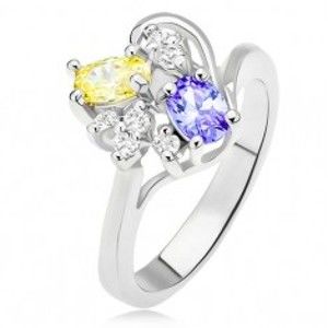 Šperky eshop - Prsteň s fialovým a žltým oválnym kamienkom, číre zirkóny L9.08 - Veľkosť: 58 mm